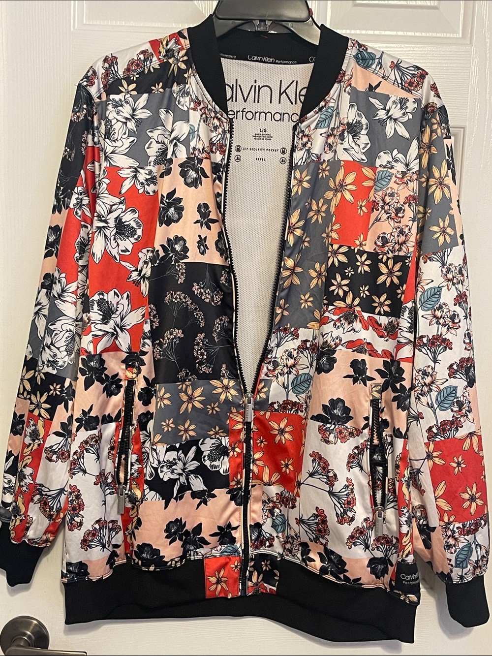 Calvin Klein Performance Floral Patchwork Bomber Jacket - Pink/Black/Red